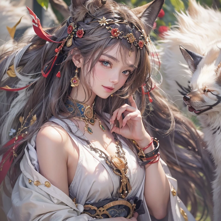 Hiding in an ancient shrine、Hair flow、 ((highest quality、masterpiece、8k、Best image quality、Ultra-high resolution、Award-winning works)、(Accurate anatomy:1.1)、(Look at me and smile:1.1)、Shining fair skin with Ultra-high resolution、The most detailed face、Ultra-high resolution detailed face、Ultra-high resolutionの髪の毛、(Ultra-high resolutionの煌めく瞳:1.1)、Beautiful face drawn in every detail、(Blurred Background:1.1)、Ancient Maiden Clothing, Chest to chest, tattoo、Apart from the white fox