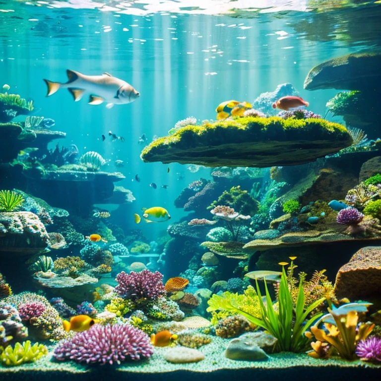 An underwater waterfall flowing gently over rocks, surrounded by vibrant aquatic plants and various fish, with soft sunlight penetrating the water, creating a peaceful and realistic underwater scene.