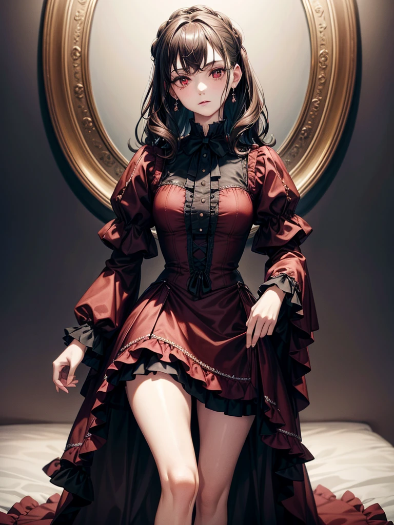 Victorian, dress, Melancholy, marron marron, absurdres, RAW photo, extremely delicate and beautiful, masterpiece, Best Quality, ultra high resolution, 32k, hyperrealistic, ultra-detailed, detailed description, pale skin, 20 years old, tearful mole, earring, short medium hair, wavy hair, whole body shot, legs, Red eyes,