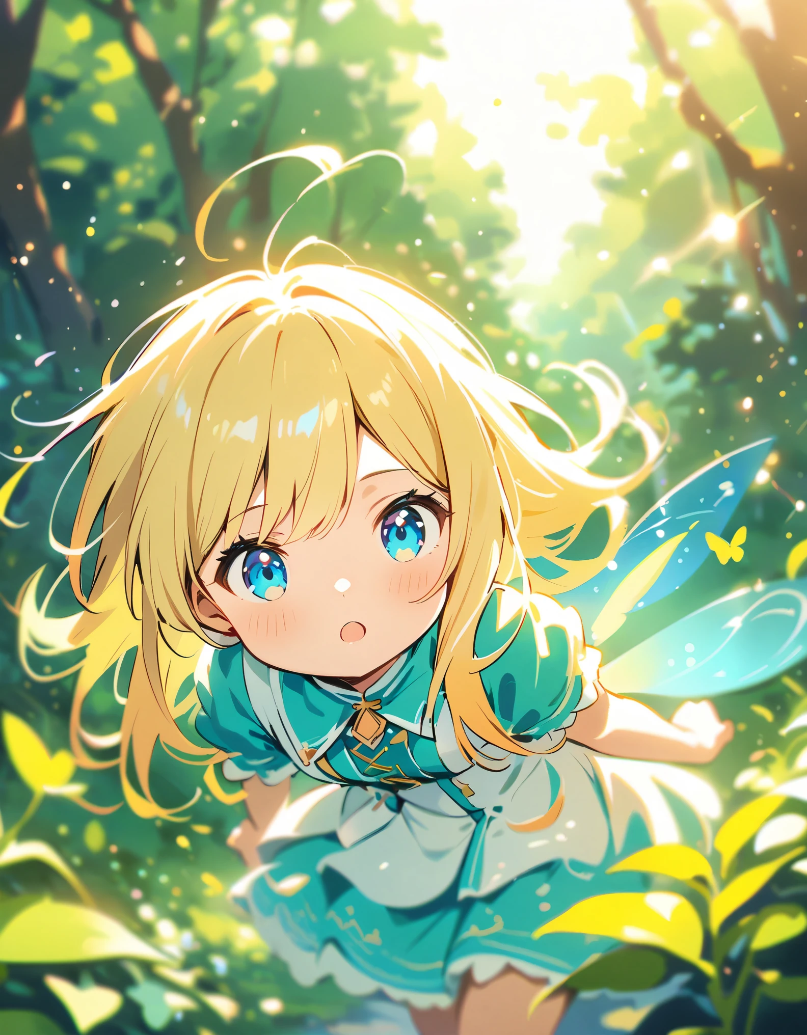 atmospheric perspective, depth of field, cinematic lighting, sparkle, f/2.8, 135mm, UHD, retina, high details, high quality, highres, best quality, 4K、In a fantastic forest、fairy girl、Blonde、Blue Eyes、A fantastic outfit based on white、A fantastic atmosphere、He is facing forward without noticing me,((Running with several people))