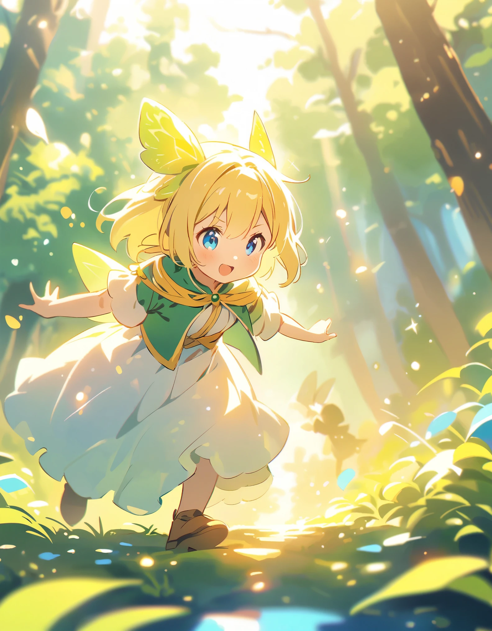 atmospheric perspective, depth of field, cinematic lighting, sparkle, f/2.8, 135mm, UHD, retina, high details, high quality, highres, best quality, 4K、In a fantastic forest、fairy girl、Blonde、Blue Eyes、A fantastic outfit based on white、A fantastic atmosphere、He is facing forward without noticing me,((Running with several people))