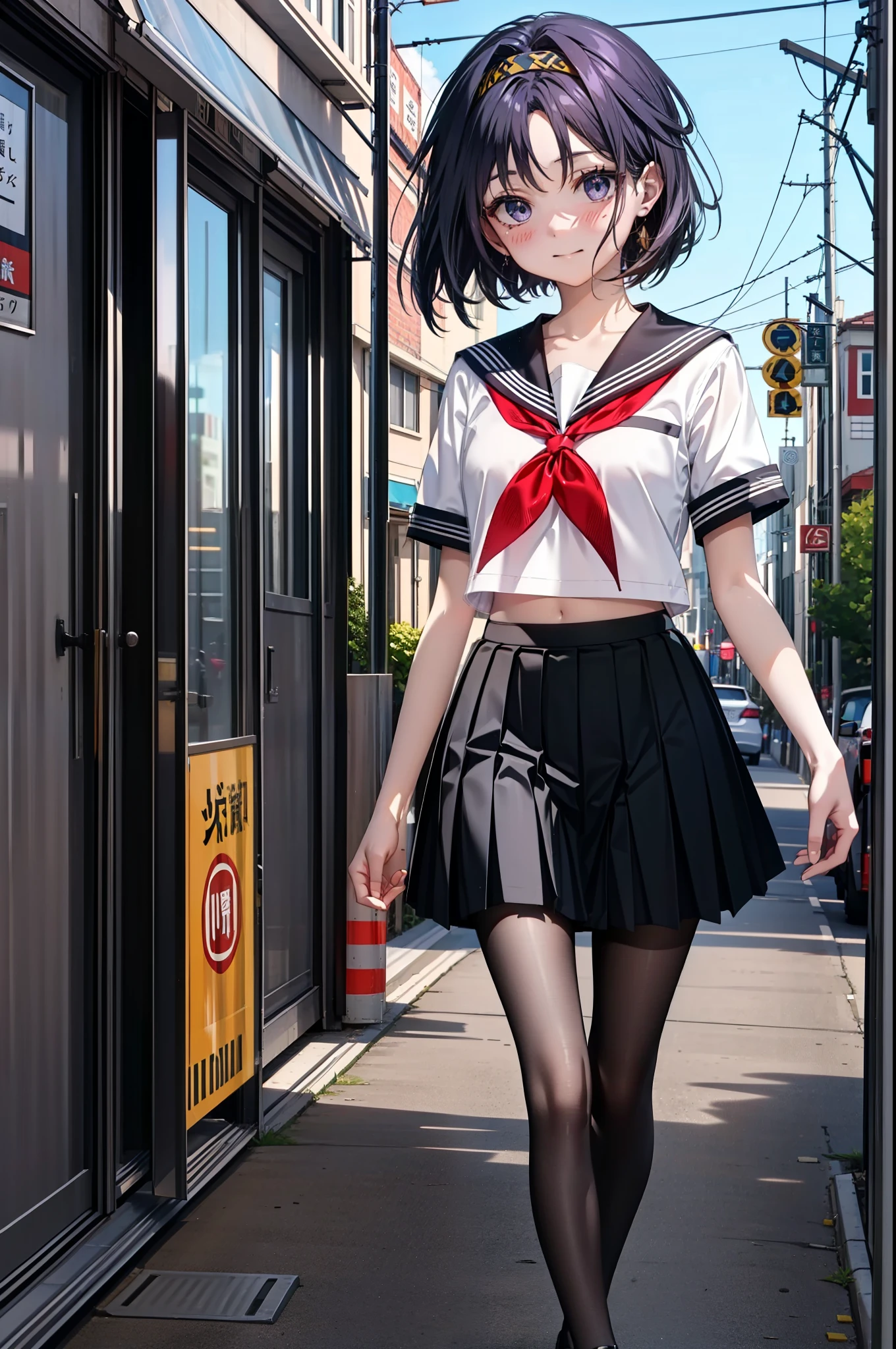 yuukikonno, Yuki Konno,Black Hair,short hair,Bob Hair ,Green headband,(iris:1.5), (Small breasts:1.2), smile,Japanese girl(Black Sailor Suit),Short sleeve,Black pleated skirt,Black pantyhose,Brown Loafers,whole bodyがイラストに入るように,walk,
break outdoors,  city,construction area,
break looking at viewer, whole body,
break (masterpiece:1.2), highest quality, High resolution, unity 8k wallpaper, (shape:0.8), (Beautiful details:1.6), Highly detailed face, Perfect lighting, Extremely detailed CG, (Perfect hands, Perfect Anatomy),