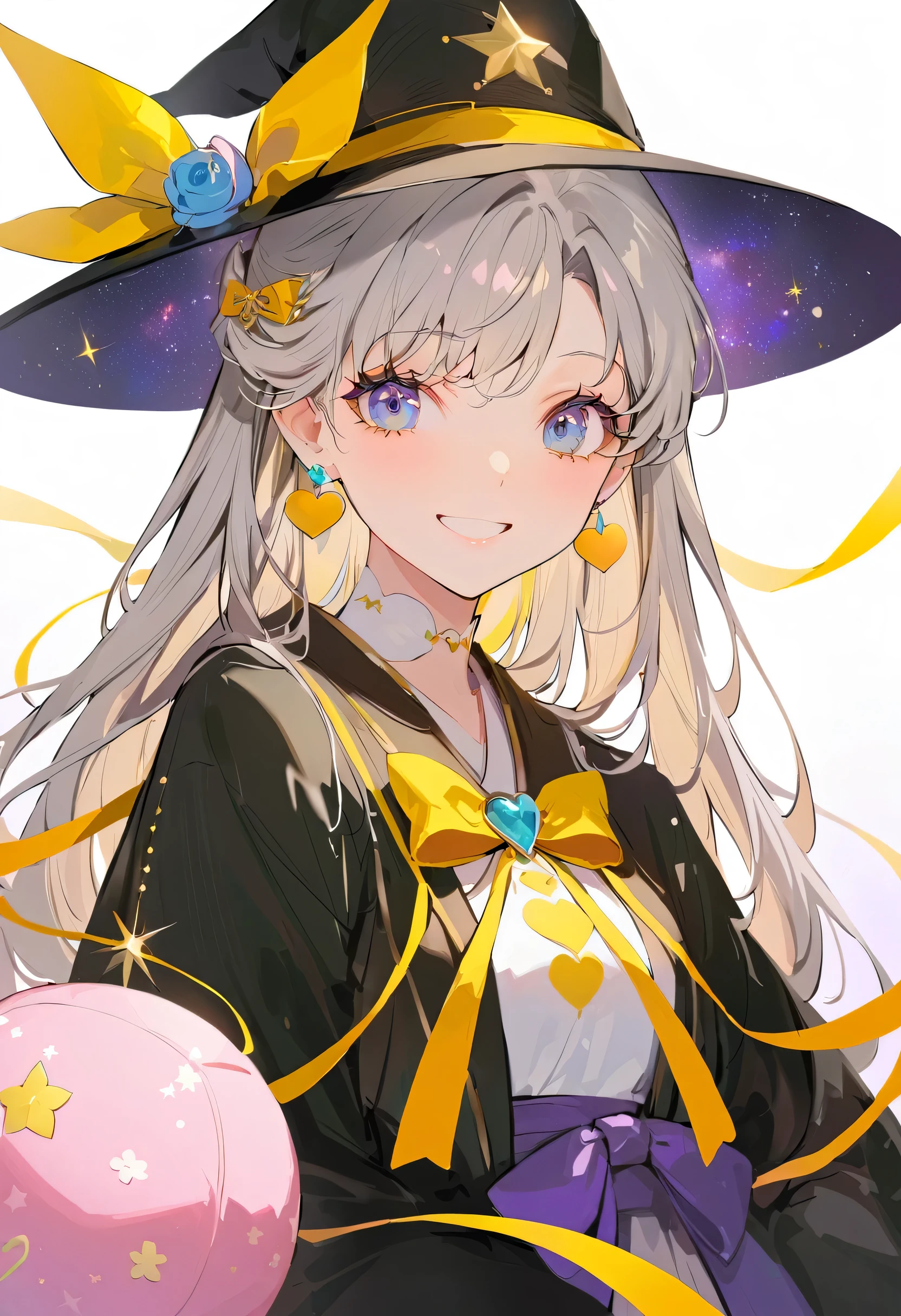 Elena_(possible_No_Gossip), Master, masterpiece, 4k,, 1 Girl, Feminine, beautiful, One cup, Gray hair, Big magic hat + The top is black,Purple interior, blue eyes, White shirt, yellow ribbon, Black robe,, Kawaii, looking at the audience, Smile, Magical girl, Background Medieval Europe,