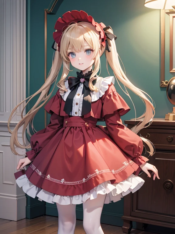 masterpiece, highest quality, Very detailed, 16k, Ultra-high resolution, Cowboy Shot, One ***************, Detailed face, Perfect Fingers, Golden Eyes, Blonde,  Original Costume, Twin tails, bonnet、Red dress、White pantyhose cup、Black shoes, Western-style building, In a room with a big clock, Fantastic Background