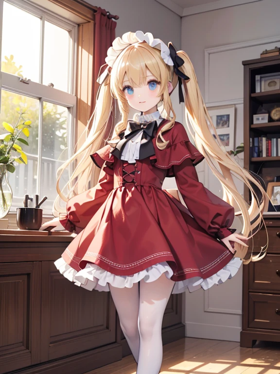 masterpiece, highest quality, Very detailed, 16k, Ultra-high resolution, Cowboy Shot, One 8--old l, Detailed face, Perfect Fingers, Golden Eyes, Blonde,  Original Costume, Twin tails, bonnet、Red dress、White pantyhose cup、Black shoes, Western-style building, In a room with a big clock, Fantastic Background