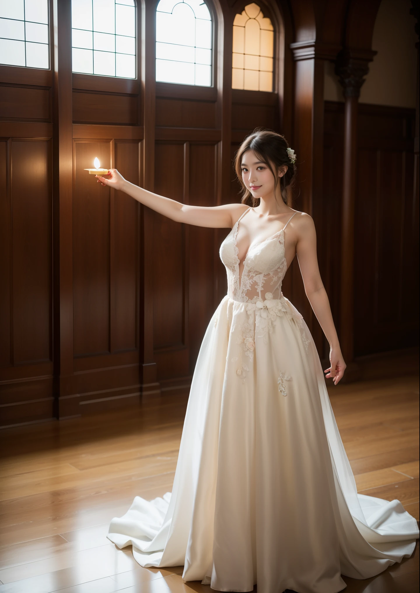 Beautiful 20 year old woman。She is wearing a wedding dress. She stretches her a arm like a ballet.. She is smiling on illuminated by the evening church lights . romantic sunset. her dark brown hair. High resolution、masterpiece、highest quality、頭w:1.0、((Hasselblad Photos))、fine skin、(movie lighting)、clavicle . full body picture.