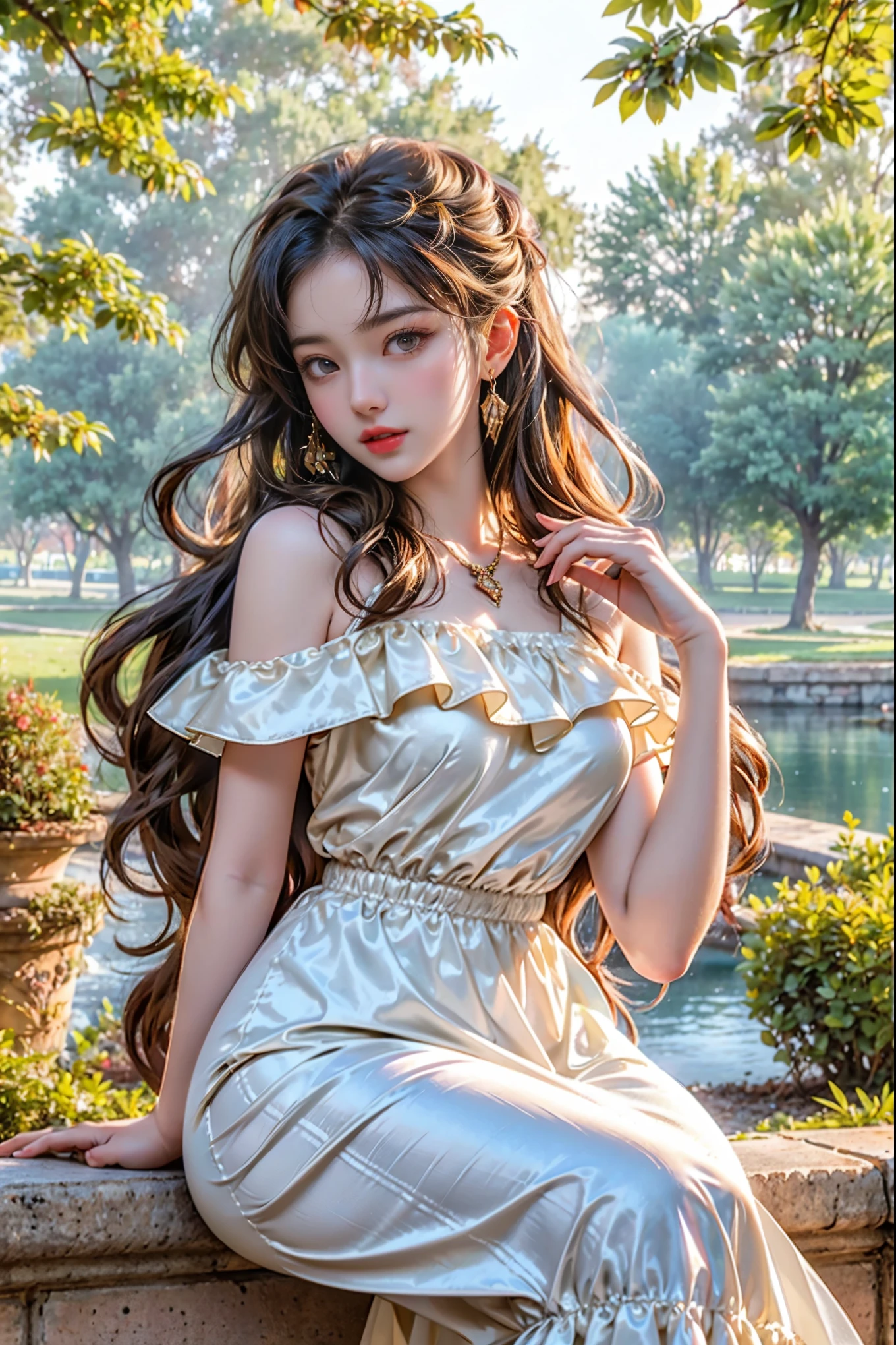 High quality, high resolution, HDR, the best real photos taken by professional photographers with SLR cameras. Vintage style seductive image of a charming solo beauty sitting in an outdoor cafe in Buenos Aires. She models her stunning 1950s style dress in warm earth tones, with a delicate scarf wrapped around her neck. Her gorgeous appearance attracts the attention of passersby. Golden sunlight filters through the trees, creating a nostalgic and romantic atmosphere. She deftly captures the essence of elegance and glamor and seamlessly blends it with contemporary elements.
