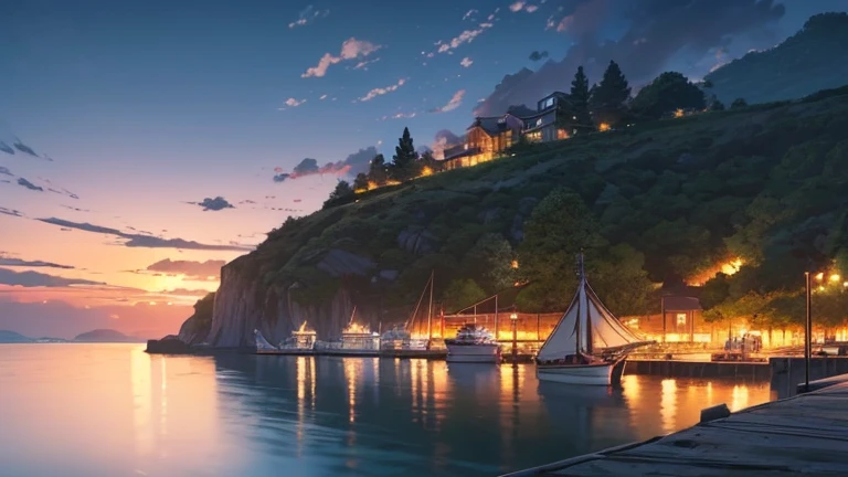 Very fine drawing, Small abandoned port, Just after sunset, long distance sailing ship, Peaceful night, incredibly Beautiful anime scenery, Calm Night, Forest Hills, Sea cliffs, Beautiful anime scenery, View from above, Anime movie background, YouTube thumbnails、 Landscape Wallpaper