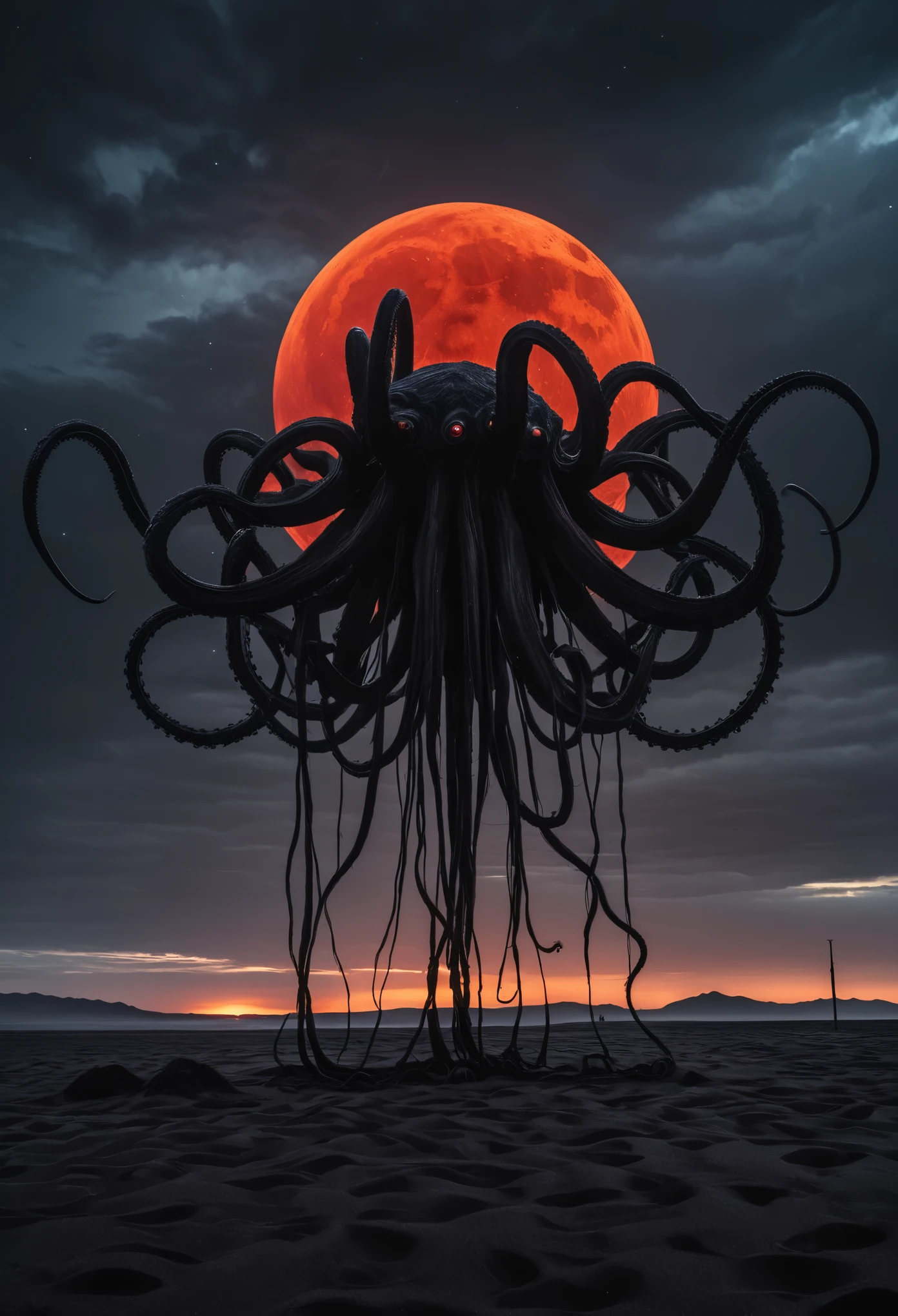 photo of a black sand desert, several giant black otherworldly creatures with cable-like hanging tentacles are floating in the starry sky, a faint red sun barely shines through the cloud cover, highly detailed, cinemascope, moody, epic, photorealistic, color graded cinematic, atmospheric lighting, award winning photo, film grain