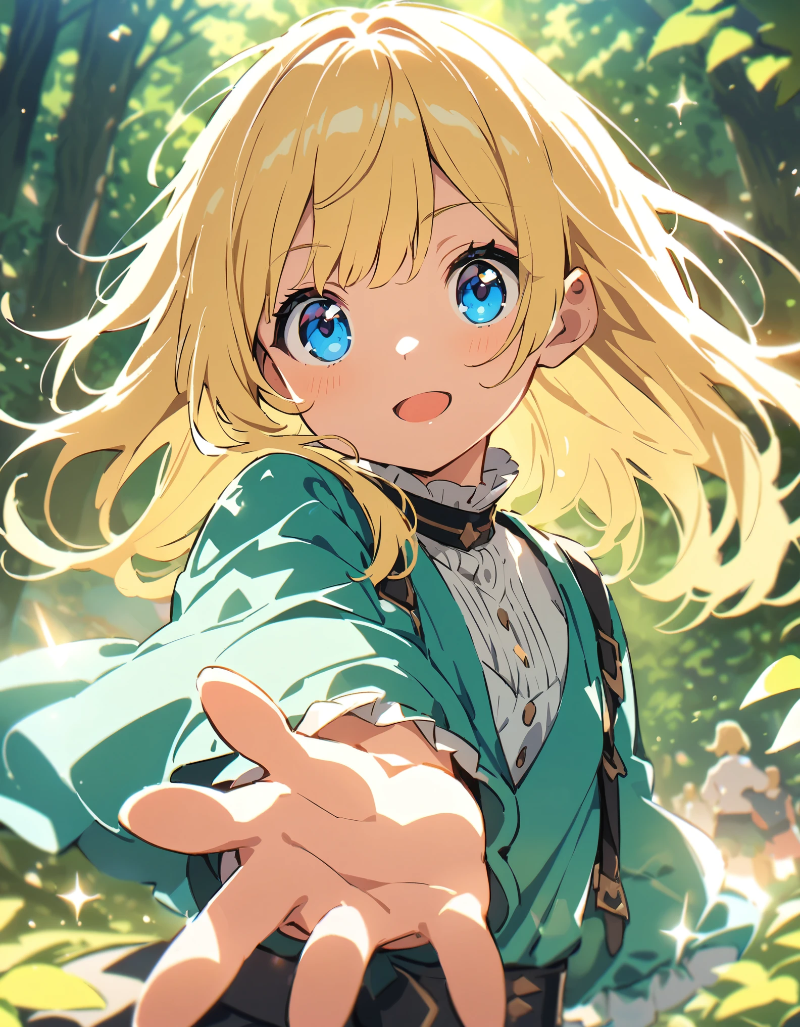 atmospheric perspective, depth of field, cinematic lighting, sparkle, f/2.8, 135mm, UHD, retina, high details, high quality, highres, best quality, 4K、In a fantastic forest、fairy girl、Blonde、Blue Eyes、A fantastic outfit based on white、A fantastic atmosphere、He is facing forward without noticing me,((Running with several people))