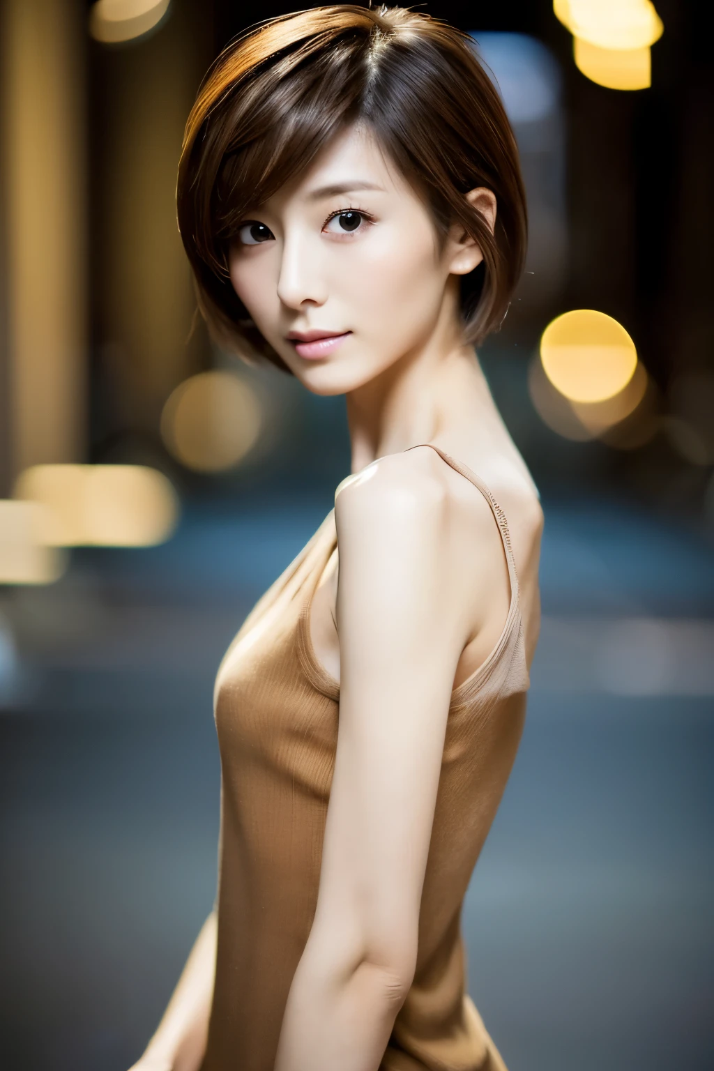 Top quality, realistic, perfect human body structure, very detailed, very delicate and beautiful, RAW photography, professional lighting, luminescence, depth of field, single focal, full body, Skinny Japanese lady, 30 years old lady, brown hair, small head, beautiful eyes, real face, realistic skin, detailed eyes, (fashionable hairstyle: 1.3),