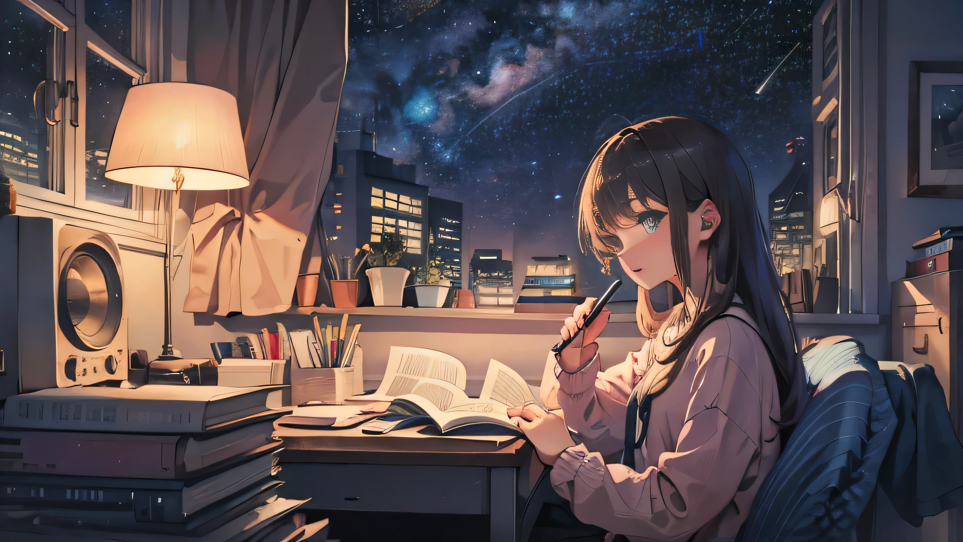Late Night　A girl studying with a pen while listening to the radio in her room　Starry Sky