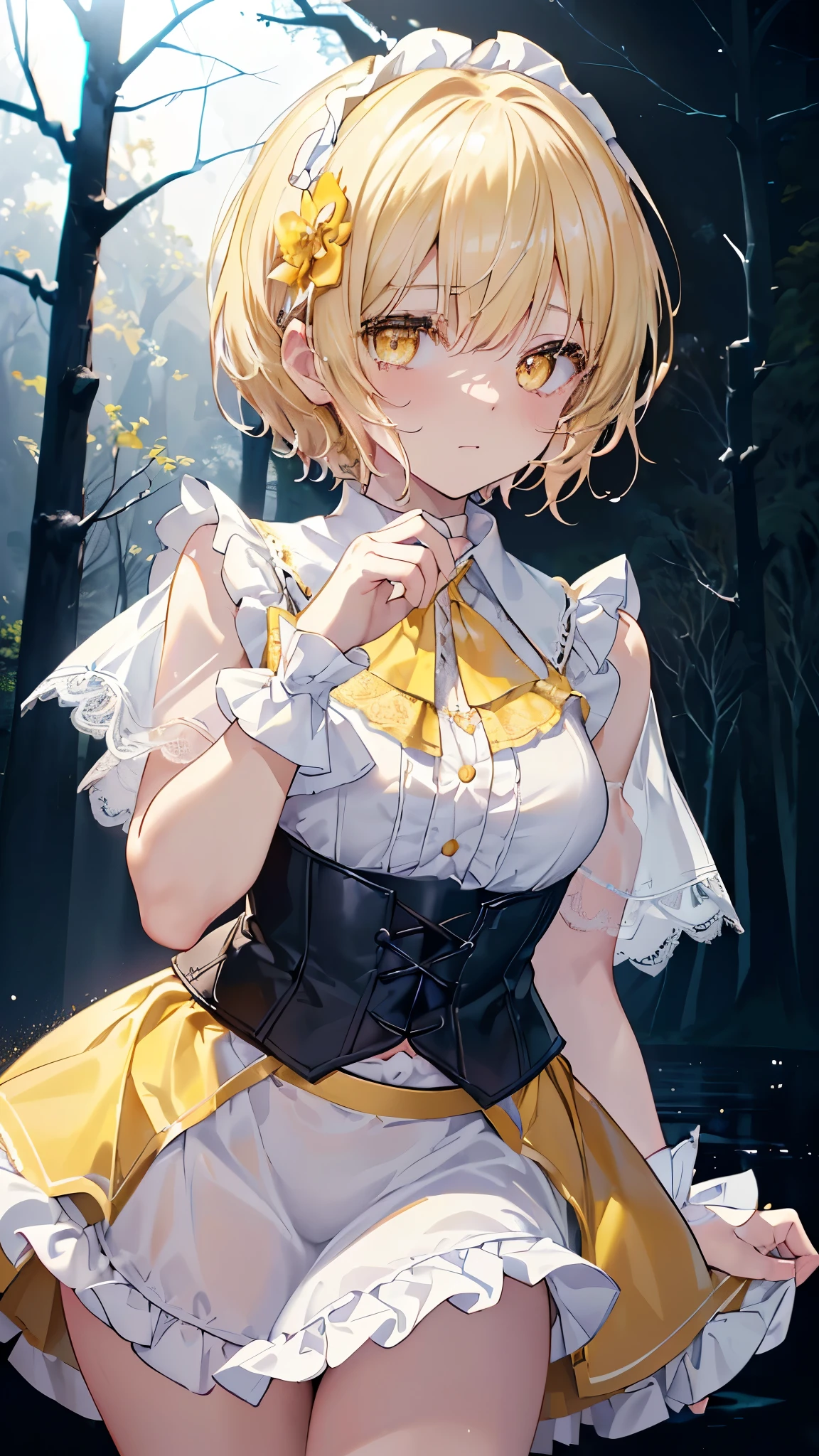 Idol、masterpiece、highest quality、Beautiful expression、Absurd、Hmph、(Cowboy Shot、White ruffle lace mini dress、white collar、White ruffle cuffs、particle:1.5)、(bloom、shine:1.4)、(Laughter)、(blonde short、Yellow Eyes:1.7)、Sharp focus、Photorealistic、High resolution、Highest detail、Ultra-detailed、Detailed face and eyes、Sharp pupils、Realistic students、Sharp focus、 Glowing Skin、Black corset、(Dark Forest、river、Dark Background:1.5)、Rim Light、dynamic, Cinema Lighting、(((Pull up your skirt:1.3)))、(((White panties are visible)))、(Perfect hands, Perfect Anatomy),