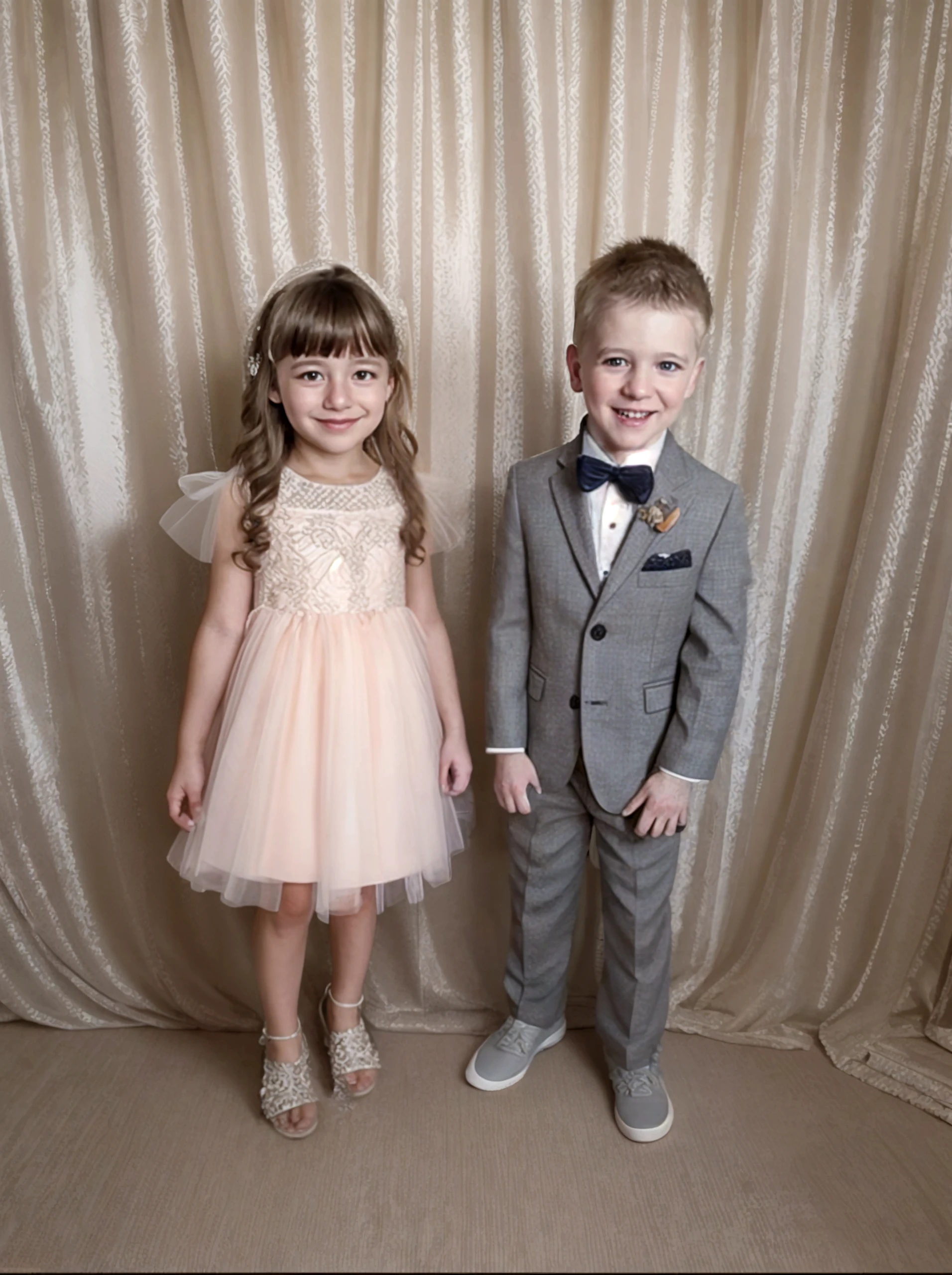 6 year old boy blond hair, white shirt, 10 year old girl , white dress