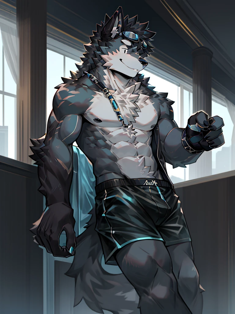 Black Wolf Boy，Gray fur，Topless, mammal, hairy，Black eyes，upscale hotel，Blue and black gradient swimming trunks quality，black fingerless gloves，goggles