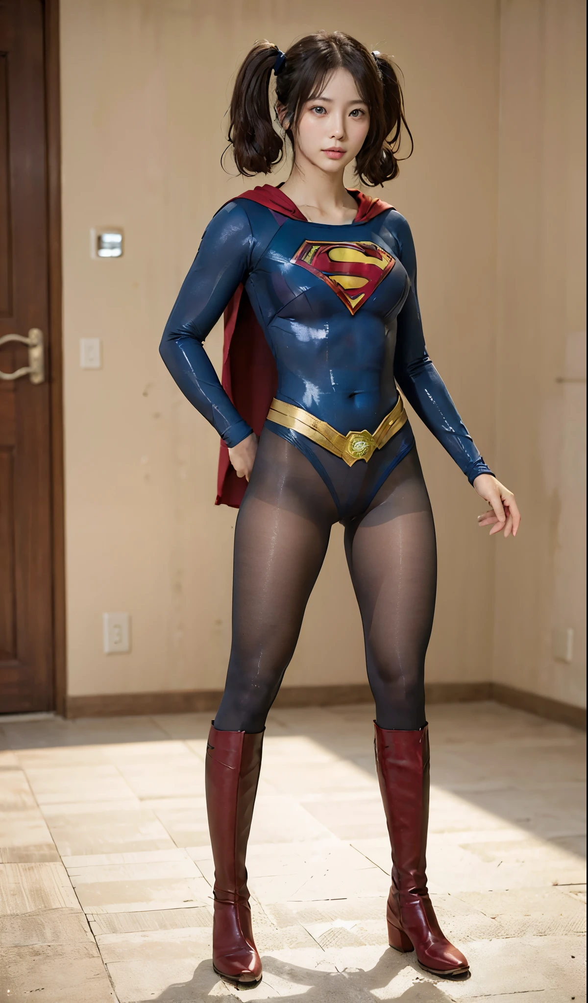 No background、(((Beautiful legs in black tights.)))、(((Legally express the beauty of your smile)))、((((Make the most of your original images)))、(((Supergirl Costume)))、(((Beautiful hair with twin tails)))、(((suffering)))、(((Please wear black tights....、Wear red boots)))、((Best image quality、8k))、((highest quality、8k、masterpiece:1.3))、(((Preserve background )))、Sharp focus:1.2、Beautiful woman with perfect figure:1.4、Slim Abs:1.2、Wet body:1.5、Highly detailed face and skin texture、8k