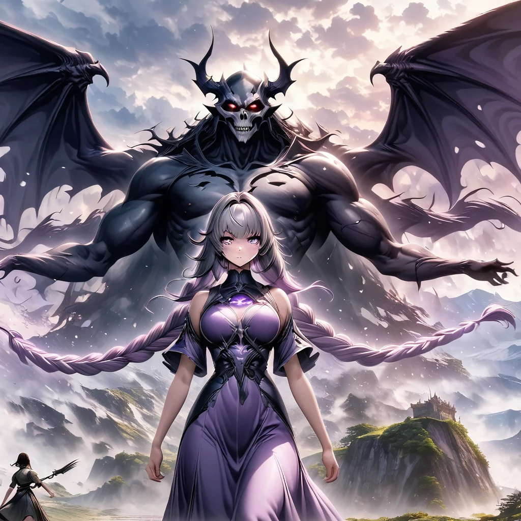 Death Demon,Dragon Island, Double braid girl,(White background:1.2)，Cartoon character with wings flying over woman in purple dress, Cool anime 8K, Devil anime girl, Anime epic artwork, best anime 4k konachan wallpapers, angel knight girl, 2. 5D CGI anime fantasy artwork, Angels Watching the Devil, Anime Key Art, Eros and Thanatos, Dark Angel, Epic anime style, Ghost Hunters Art Style