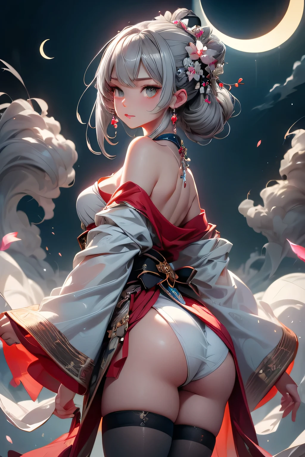 super high quality, masterpiece, Perfect illustration, Very detailed (Exquisite light and shadow, Very dramatic photo,Backlight) , ((Gray Hair:1.5))1 girl, alone, (Wearing Han clothes, Royalty、Black and white Hanfu,Thick fabric,Long sleeve) Flower Field, Flowers, (White smoke、Crescent Moon:1.3) (Realistic), Zen Intertwining, Tangled, Official Art, unity 8k wallpaper, Very detailed, Beautiful and beautiful, masterpiece, highest quality, (Dynamic Angle: 1.4), Glowing Skin, (Floating colorful flashes: 1) The most beautiful chaotic shapes, elegant, Brutalist Design, Bright colors, Romantic Depth of Field Exotic_dance, half_naked、((Off the shoulder、Medium chest、ruby ​​necklace))(from behind：1.4,Butt Exposure、Legs wrapped in tights)