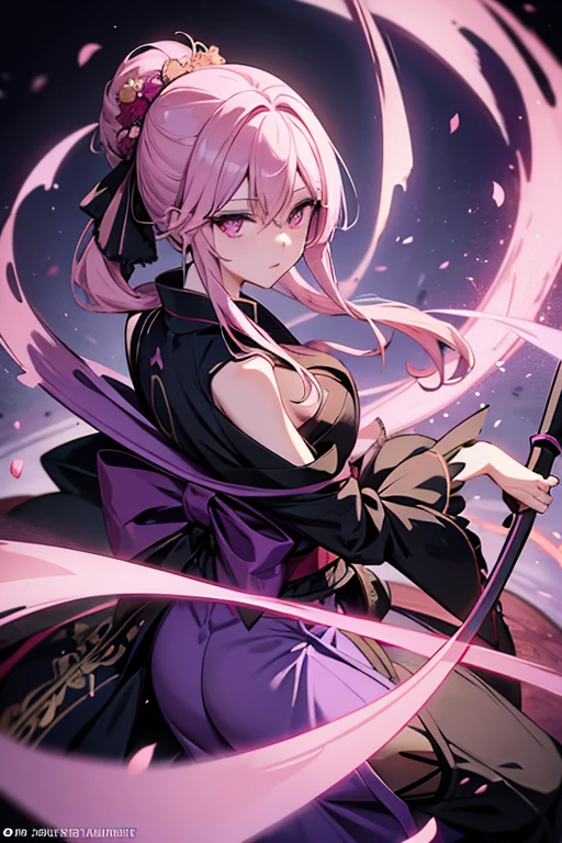 A pink haired woman with violet eyes with an hourglass figure in a conservative kimono is spinning her scythe in a flurry of peony petals
