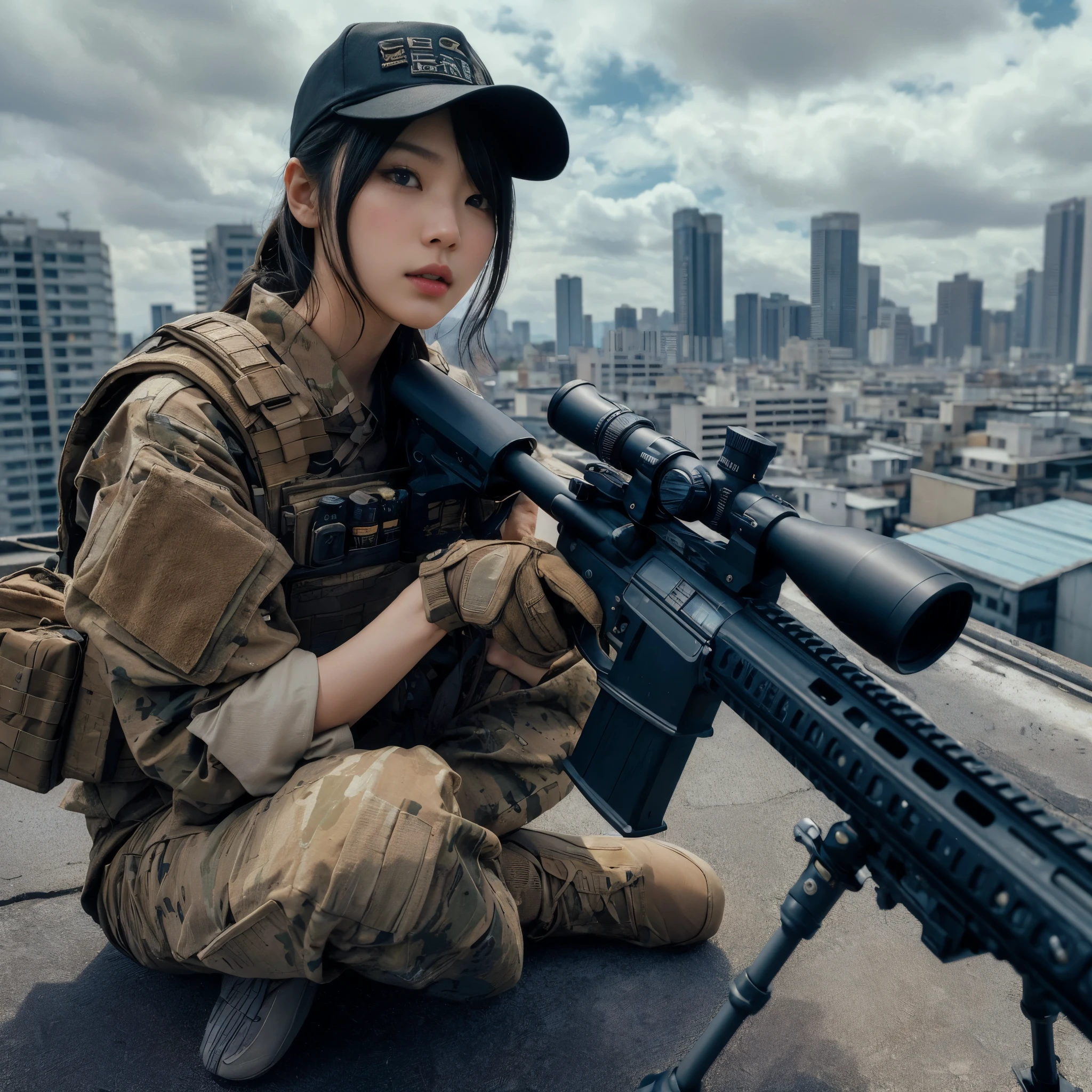 8k,Realistic Skin Texture、Realistic Photo、Japanese woman in SWAT sniper team、Rooftop、A sniper rifle is propped up against the wall、Rising He is holding his hand to his ear and talking on an intercom、cap backwards、noon、Dynamic pose、Innovative composition、Full body photo