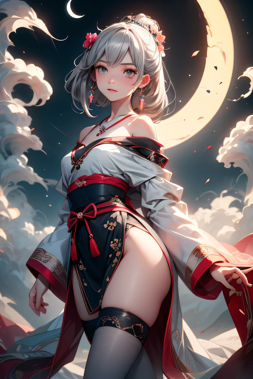 super high quality, masterpiece, Perfect illustration, Very detailed (Exquisite light and shadow, Very dramatic photo,Backlight) , ((Gray Hair:1.5))1 girl, alone, (Wearing Han clothes, Royalty、Black and white Hanfu,Thick fabric,Long sleeve) Flower Field, Flowers, (White smoke、Crescent Moon:1.3) (Realistic), Zen Intertwining, Tangled, Official Art, unity 8k wallpaper, Very detailed, Beautiful and beautiful, masterpiece, highest quality, (Dynamic Angle: 1.4), Glowing Skin, (Floating colorful flashes: 1) The most beautiful chaotic shapes, elegant, Brutalist Design, Bright colors, Romantic Depth of Field Exotic_dance, half_naked、((Off the shoulder、Medium chest、ruby necklace))(from behind:1.4、Exposed groin、Legs wrapped in tights)