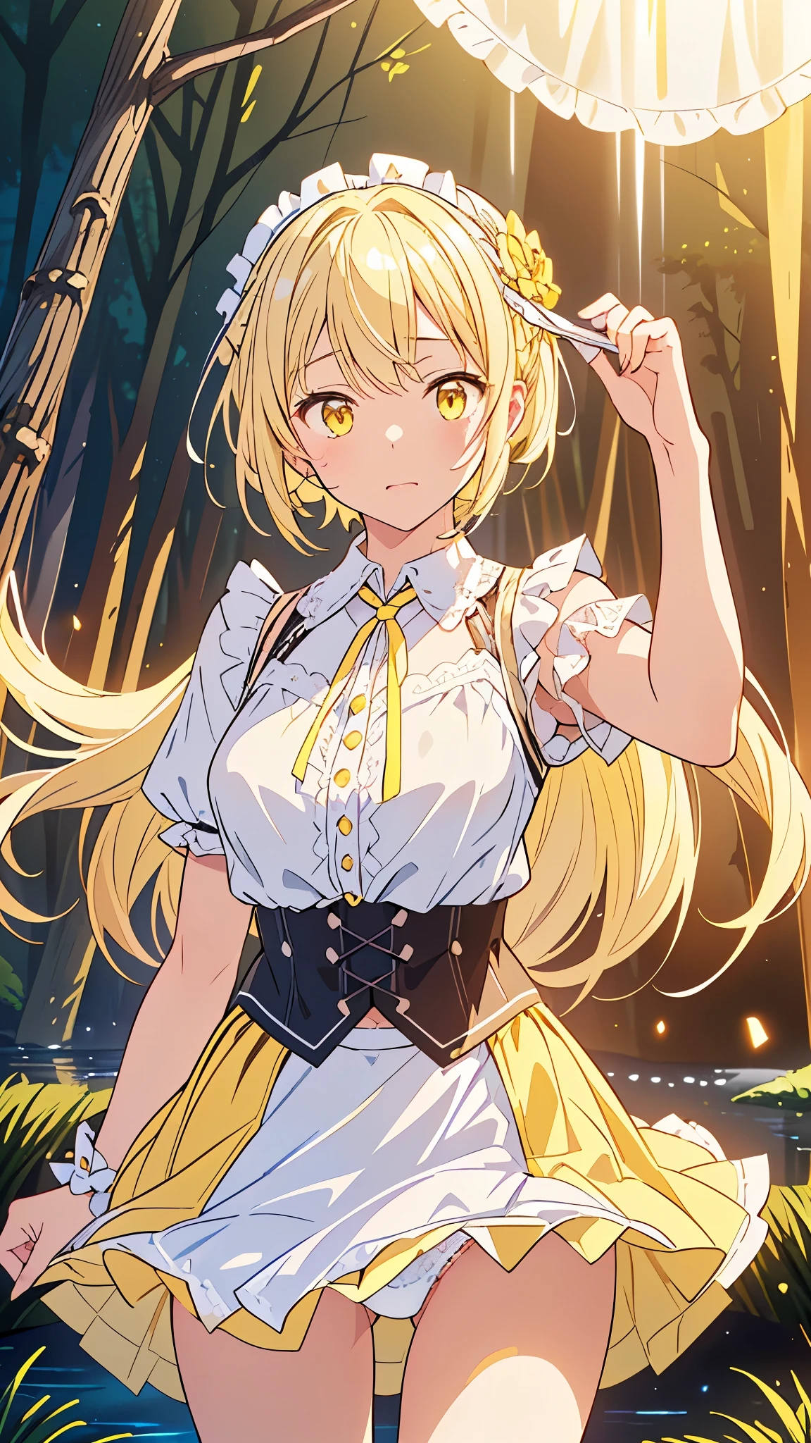 Idol、masterpiece、highest quality、Beautiful expression、Absurd、Hmph、(Cowboy Shot、White ruffle lace mini dress、white collar、White ruffle cuffs、particle:1.5)、(bloom、shine:1.4)、(Laughter)、(blonde short、Yellow Eyes:1.7)、Sharp focus、Photorealistic、High resolution、Highest detail、Ultra-detailed、Detailed face and eyes、Sharp pupils、Realistic students、Sharp focus、 Glowing Skin、Black corset、(Dark Forest、river、Dark Background:1.5)、Rim Light、dynamic, Cinema Lighting、(((Pull up your skirt:1.3)))、(((White panties are visible)))、(Perfect hands, Perfect Anatomy),