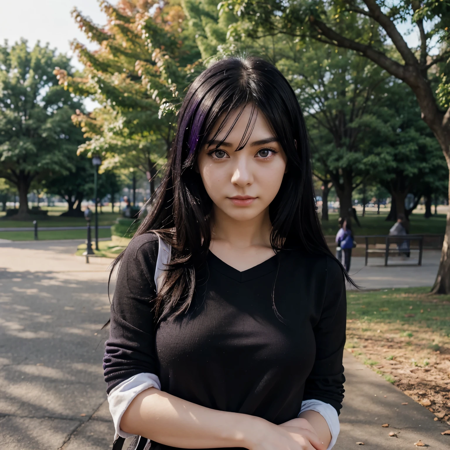 Anime girl with black hair and purple eyes while being in a park