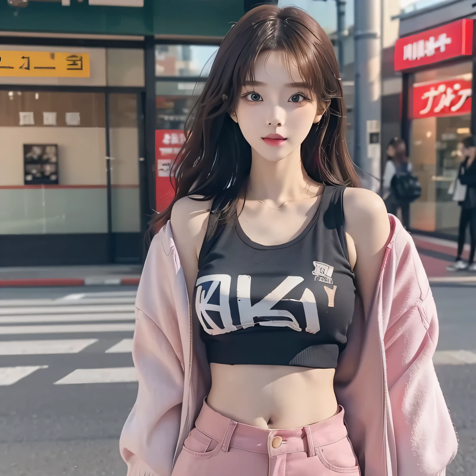 (Realistic, RAW photo, analog film photo), a professional portrait photo of cute sexy Korean K-pop idol wearing ( fashion streetwear), , 8k uhd, high quality, film grain, (Fujifilm XT3), JeeSoo , dream_girl, affectionate happy, Tokyo urban shopping mall background, sexy midriff, sexy navel, , busty