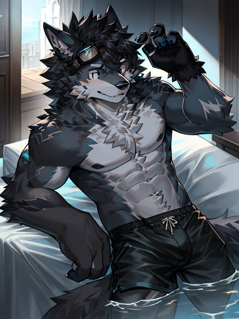 Black Wolf Boy,Gray fur,Topless, mammal, hairy,Black eyes,upscale hotel,Blue and black gradient swimming trunks quality,black fingerless gloves,goggles
