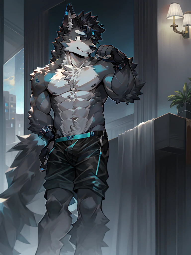 Black Wolf Boy,Gray fur,Topless, mammal, hairy,Black eyes,upscale hotel,Blue and black gradient swimming trunks quality,black fingerless gloves,goggles