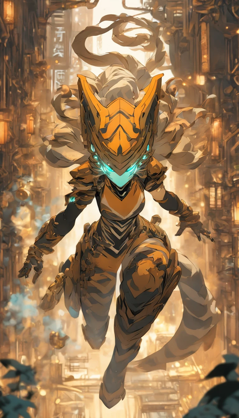 Chinese ink style,Steampunk world,Tiger-shaped steampunk warframe girl,Jet steam is suspended in the city air,Ink animation art,Ink comic art,water ink,ink,Smudge,8K,Delicately portrayed,Works of masters,Black and white tones