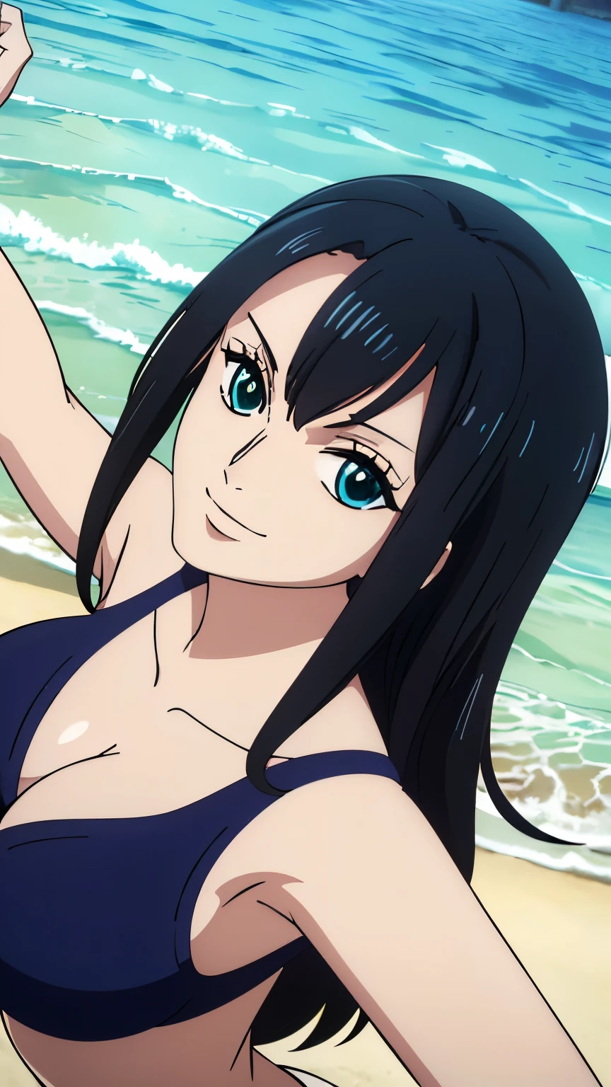 (Best quality, 8k, high resolution, masterpiece:1.2), Ultra detailed, Anime art style, Fine details, Dynamic angles, Black Hair, Big breasts,Beautiful character design, Perfect eyes, Perfect face, Expressive eyes, Perfect balance, (Swimsuit, Beach, Smiling), Looking at viewer, In the center of the image, Cowboy shot,