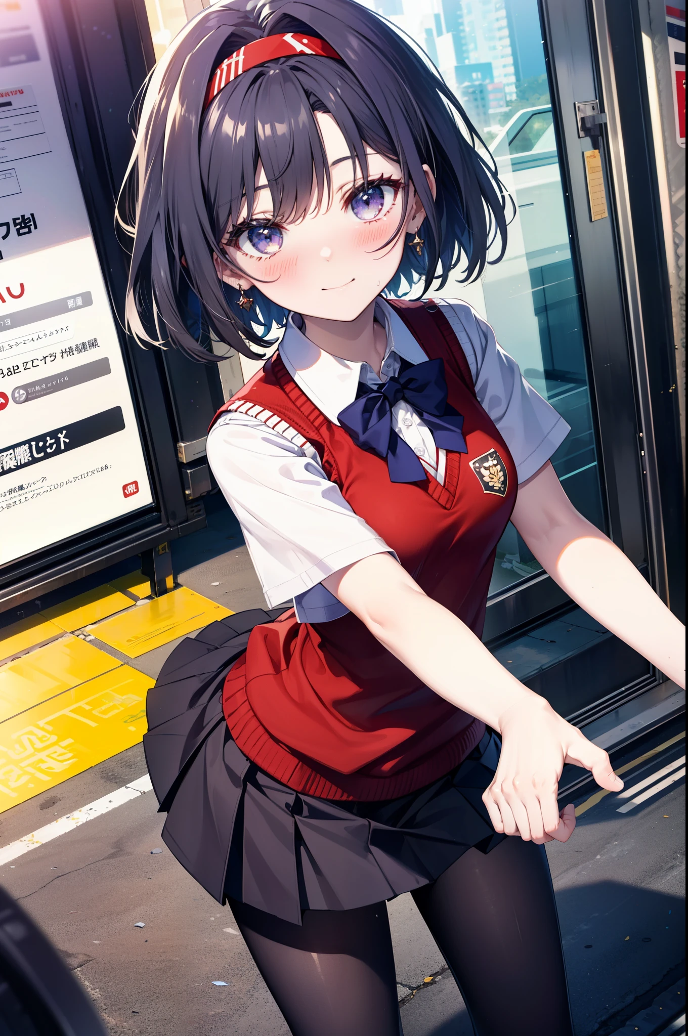 yuukikonno, Yuki Konno,Black Hair,short hair,Bob Hair ,Green headband,(iris:1.5), (Small breasts:1.2), smile,break skirt, shirt, bow, ribbon, , white shirt, Short sleeve, Pleated skirt, collared shirt, mini skirt, bowtie, 茶色のloafers , Black Skirt, Black Pantyhose, loafers, black bow, Sweater vest, (red Sweater vest:1.5),whole bodyがイラストに入るように,walk,
break outdoors, city,construction area,
break looking at viewer, whole body,
break (masterpiece:1.2), highest quality, High resolution, unity 8k wallpaper, (shape:0.8), (Beautiful details:1.6), Highly detailed face, Perfect lighting, Extremely detailed CG, (Perfect hands, Perfect Anatomy),