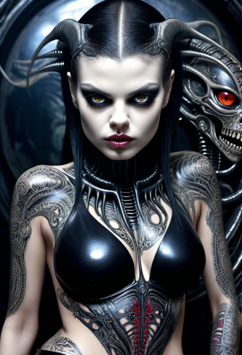 Hr giger tattooed sexy seductive dead girl, perfect face, hyper detailed ruby eyes, full body view,