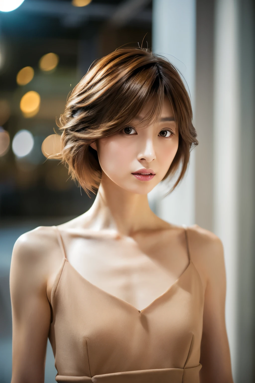 Top quality, realistic, perfect human body structure, very detailed, very delicate and beautiful, RAW photography, professional lighting, luminescence, depth of field, single focal, full body, Skinny Japanese lady, 30 years old lady, brown hair, small head, beautiful eyes, real face, realistic skin, detailed eyes, (fashionable hairstyle: 1.3),