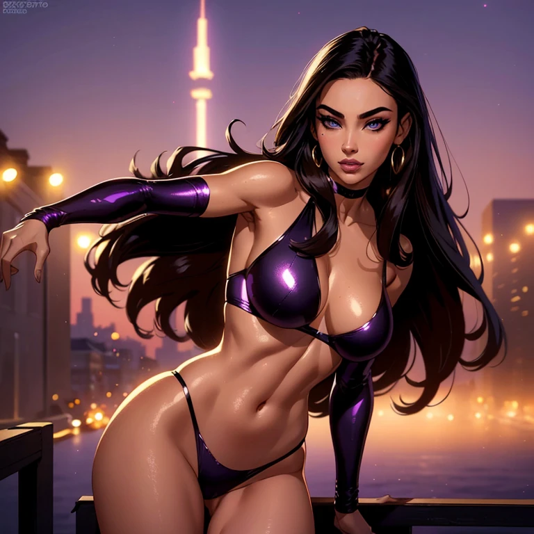 (high quality,realistic:1.2),full body shot,black hair, beautiful 25 years old girl, detailed eyes, luscious lips,sensual gaze,luxurious texture,shimmering highlights,soft shadows,subtle smile,impeccable makeup,perfect skin tone,varied purple hues,mesmerizing presence,extraordinary attention to detail,immaculate shading,flawless complexion,expressive eyebrows,long eyelashes,graceful pose,stylish and confident demeanor, striking ,professional photography,rich color palette,subdued lighting,subtle bokeh effects,glowing complexion,meticulously crafted features,exquisite realism,artistic sophistication. mid distance, battle pose, war scene explosions, purple lasers, battle face expression, big breast, rounfd hips, small waist, fit body, light muscolar, perfect eyes, no nude
