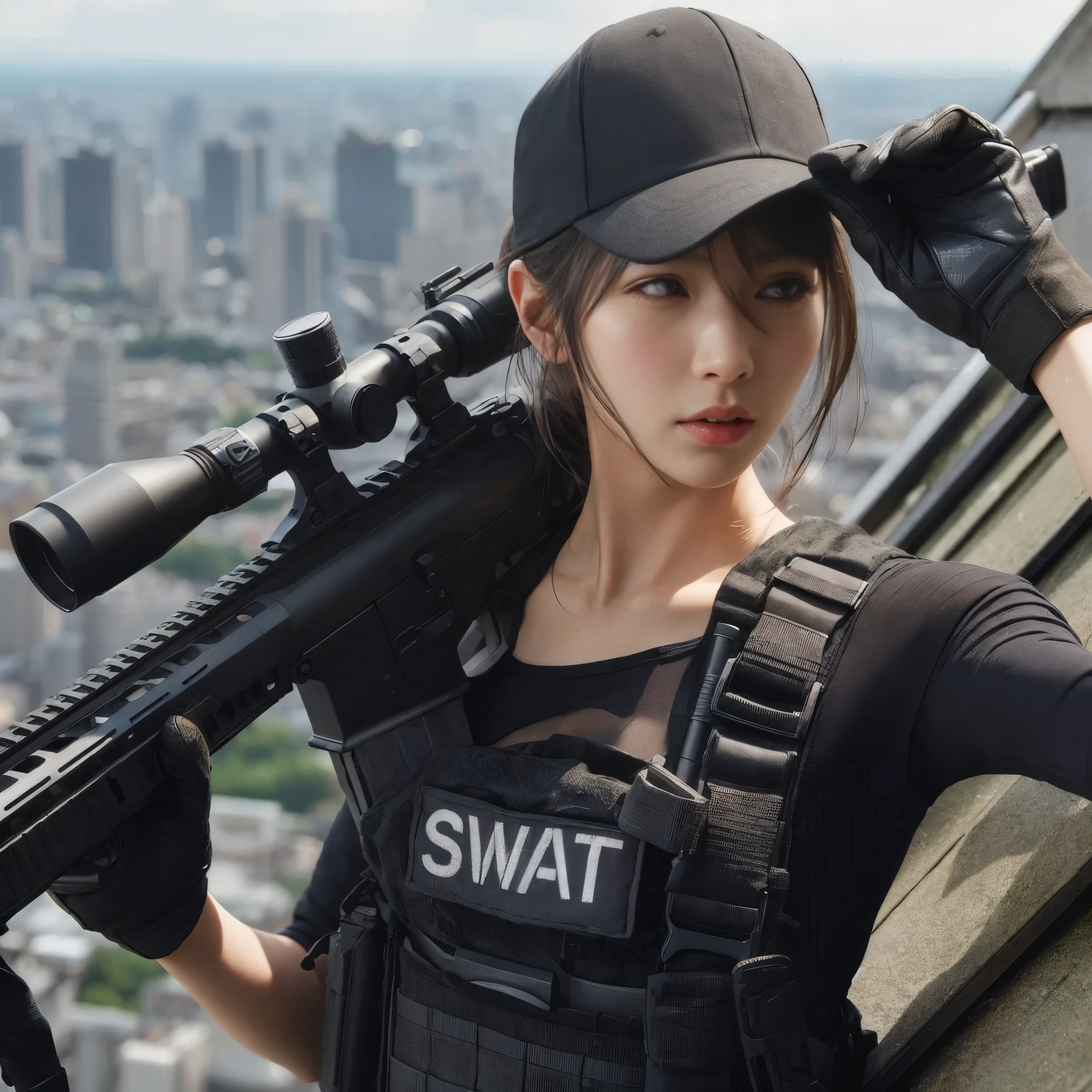 8k,Realistic Skin Texture、Realistic Photo、Japanese woman in SWAT sniper team、Rooftop、A sniper rifle is propped up against the wall、Rising He is holding his hand to his ear and talking on an intercom、cap backwards、noon、Dynamic pose、Innovative composition、Full body photo