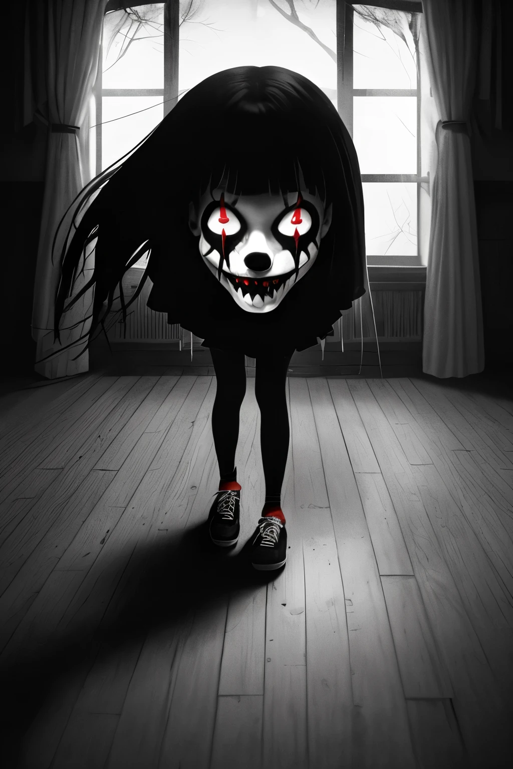 A terrifying sight unfolds in this hauntingly striking image, featuring a chilling girl dressed as a macabre clown. The monochromatic palette of black and white creates an eerie atmosphere, emphasizing her ghostly figure. The girl's twisted grin, painted on her pasty white face, showcases her menacing presence. Her disheveled, tattered clown costume, complete with oversized shoes and contrasting red nose, adds to the overall horror.
The room is shrouded in darkness, only illuminated by the occasional shafts of moonlight streaming in from the window. The Dutch-angle perspective intensifies the unsettling ambiance, as if the world