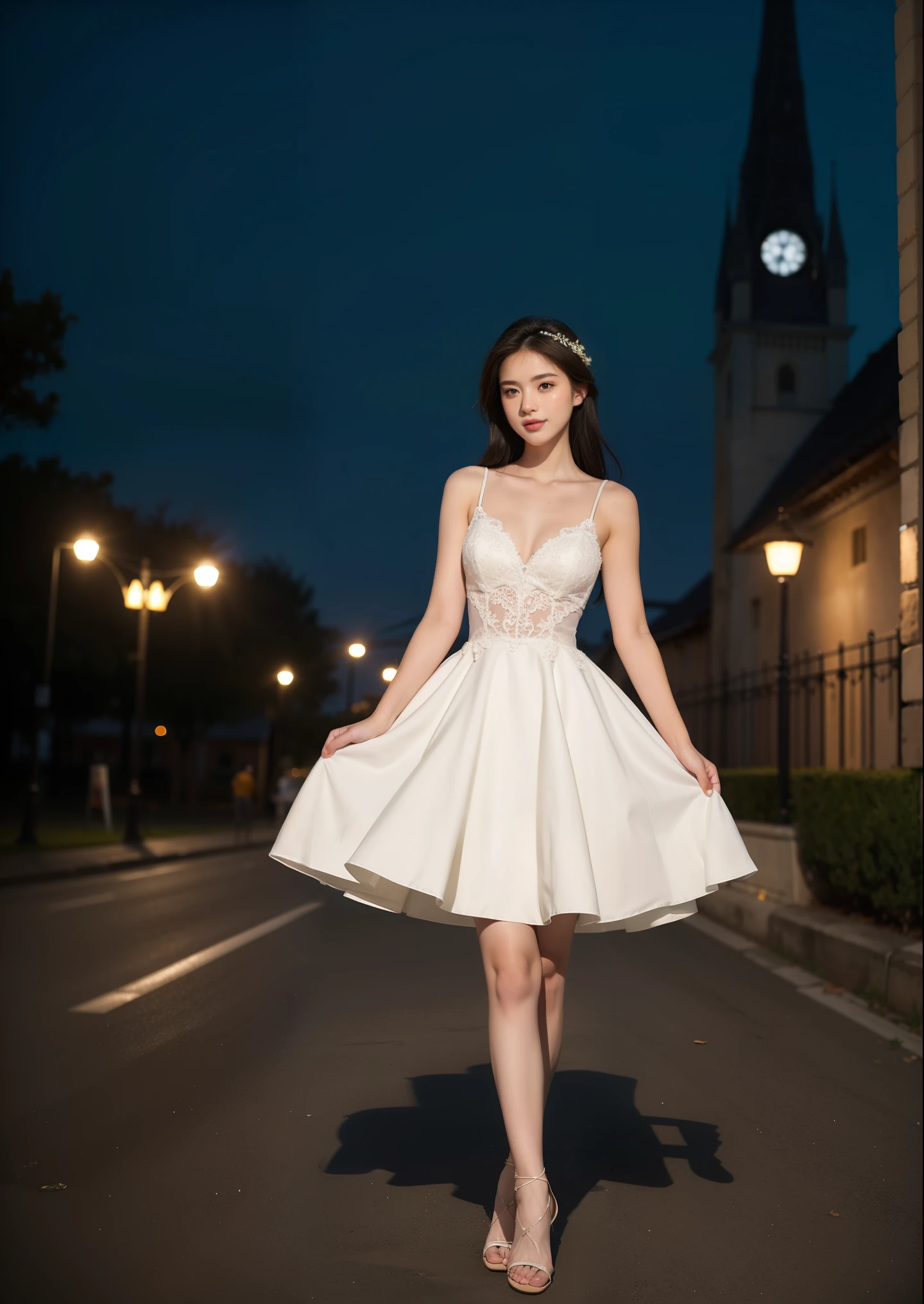 Beautiful 20 year old woman。She is wearing a wedding dress. She stretches her a arm like a ballet.. She is smiling on illuminated by the evening church lights . romantic sunset. her dark brown hair. High resolution、masterpiece、highest quality、頭w:1.0、((Hasselblad Photos))、fine skin、(movie lighting)、clavicle . full body picture.