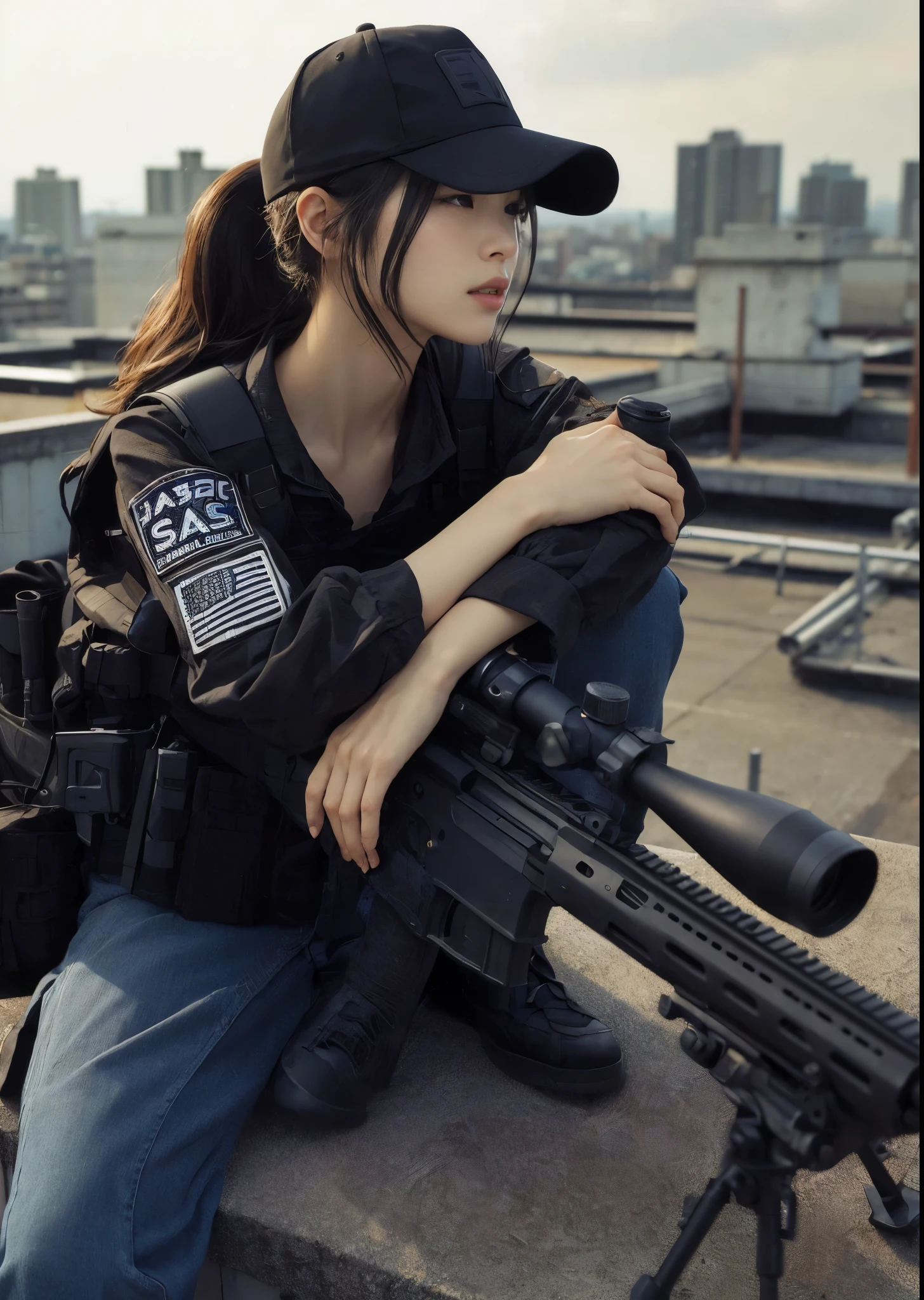 (masterpiece:1.4)、(top-quality:1.4)(high_resolution:1.1)、(detaileds)、(detailed city background)、1girl in、(The upper part of the body_Body)、astonished face、de pele branca、Big breasts about to burst:1.2、Dramatic light、guns、arma、Holding a rifle in both hands、assault rifle、HK416、Virtual Girl - Aim、A dark-haired、Black eyes、Camouflage pattern、