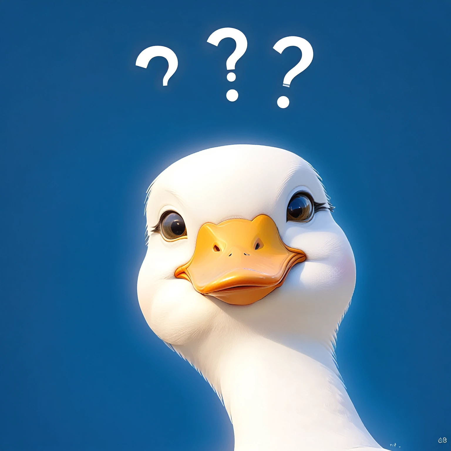 a close up of a duck with a question mark on its head, theme= duck, illustration of a duck, scientist is a duck, duckface, cute Goose, duck, donald duck in real life, kathy zyduck, With blue background, is looking at a bird, Goose!!!!!, quack, 🚀🚀🚀, looking confused, author：Paul Bird (Paul Bird)