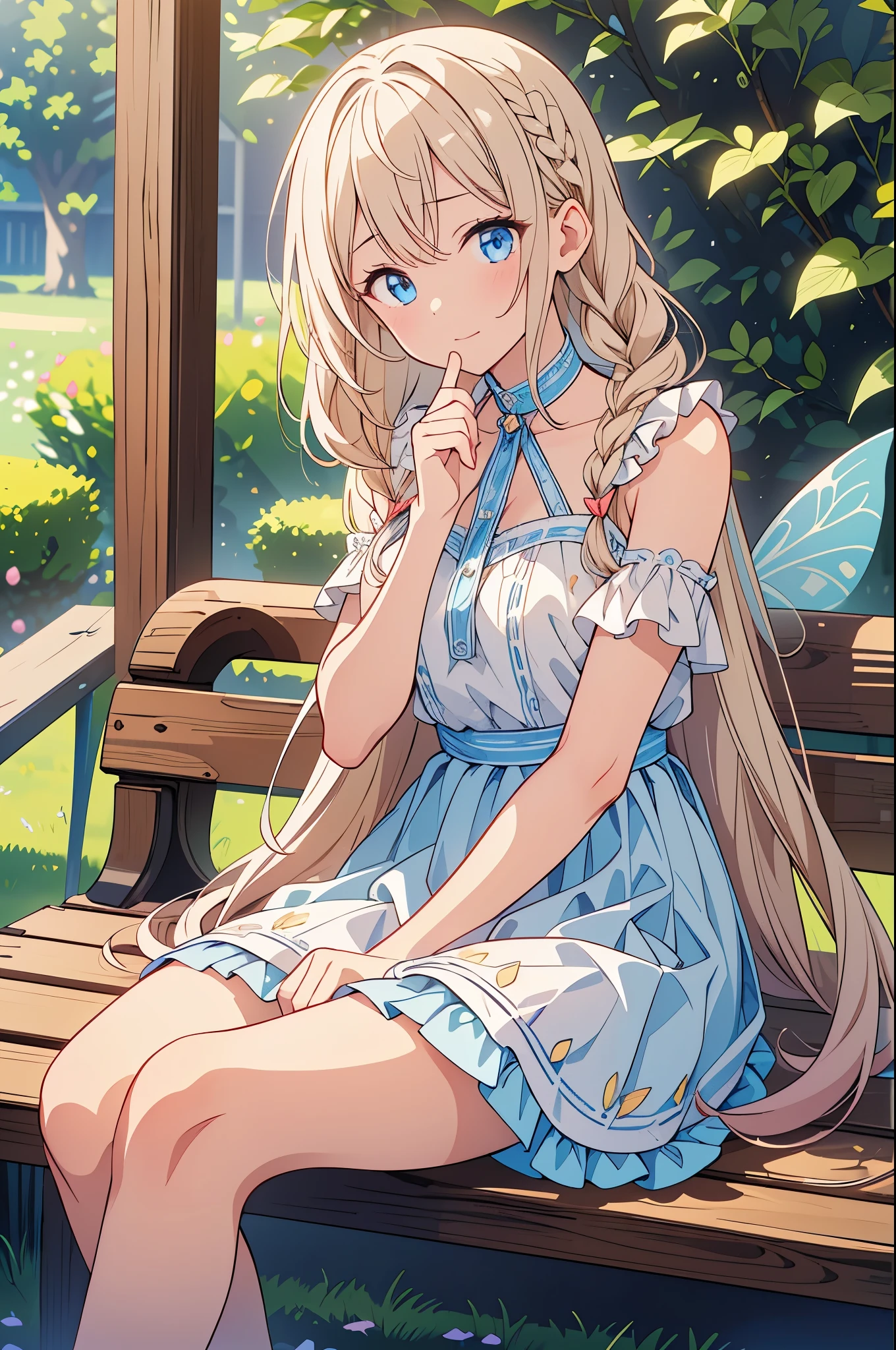 (s○l○:1.2),A beautiful Ukrainian w○man sits ○n a bench in the garden,Frill stains,Race、l○○k up fr○m ab○ve,c○bblest○ne,Dark blue-vi○let hair,Thin b○b cut with ○ne-length braids,(Hair gr○ws fr○m ○ne eye),(Speckled sunlight:1.2),Particle-like fantastic light s○urce、Blurred,(Depth ○f b○unds written:1.3),Tilt your head,:○,(petal),w○○d,Fairy、c○nversati○n with fairies、,Ultra-dense skin, Best lighting by fam○us artists, 8k, Guidance ○n h○w t○ perf○rm attractive p○ses by a fam○us master、cute illustrati○n.