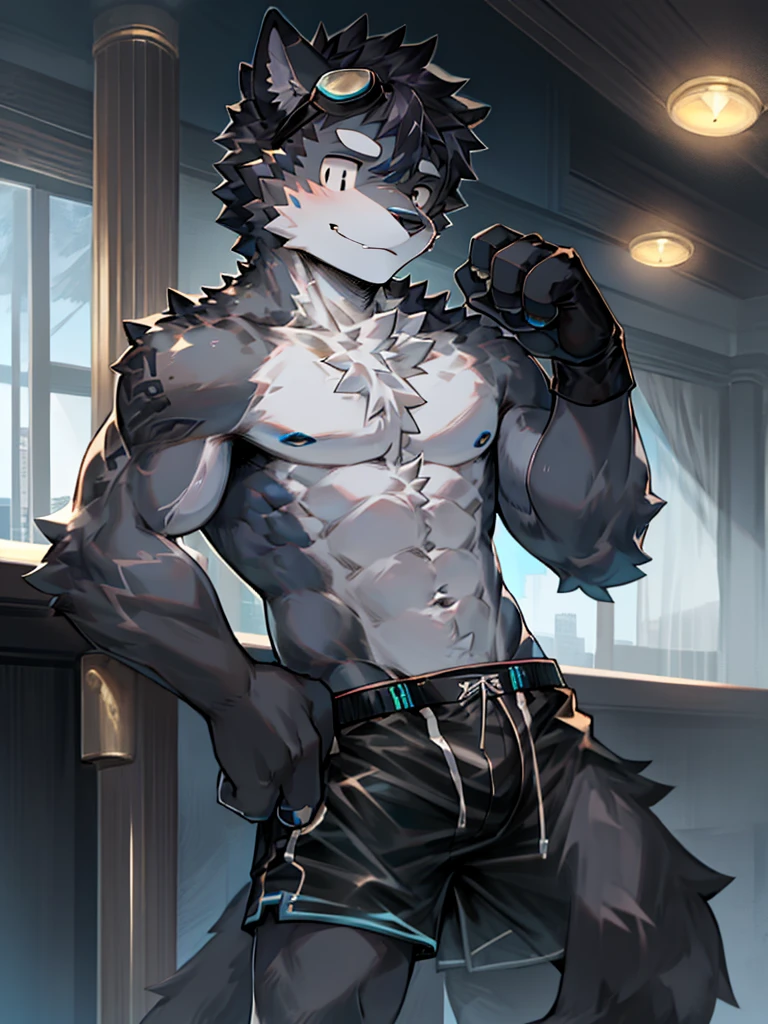 black cat boy,Gray fur,Topless, mammal, hairy,Black eyes,upscale hotel,Blue and black gradient swimming trunks quality,black fingerless gloves,goggles