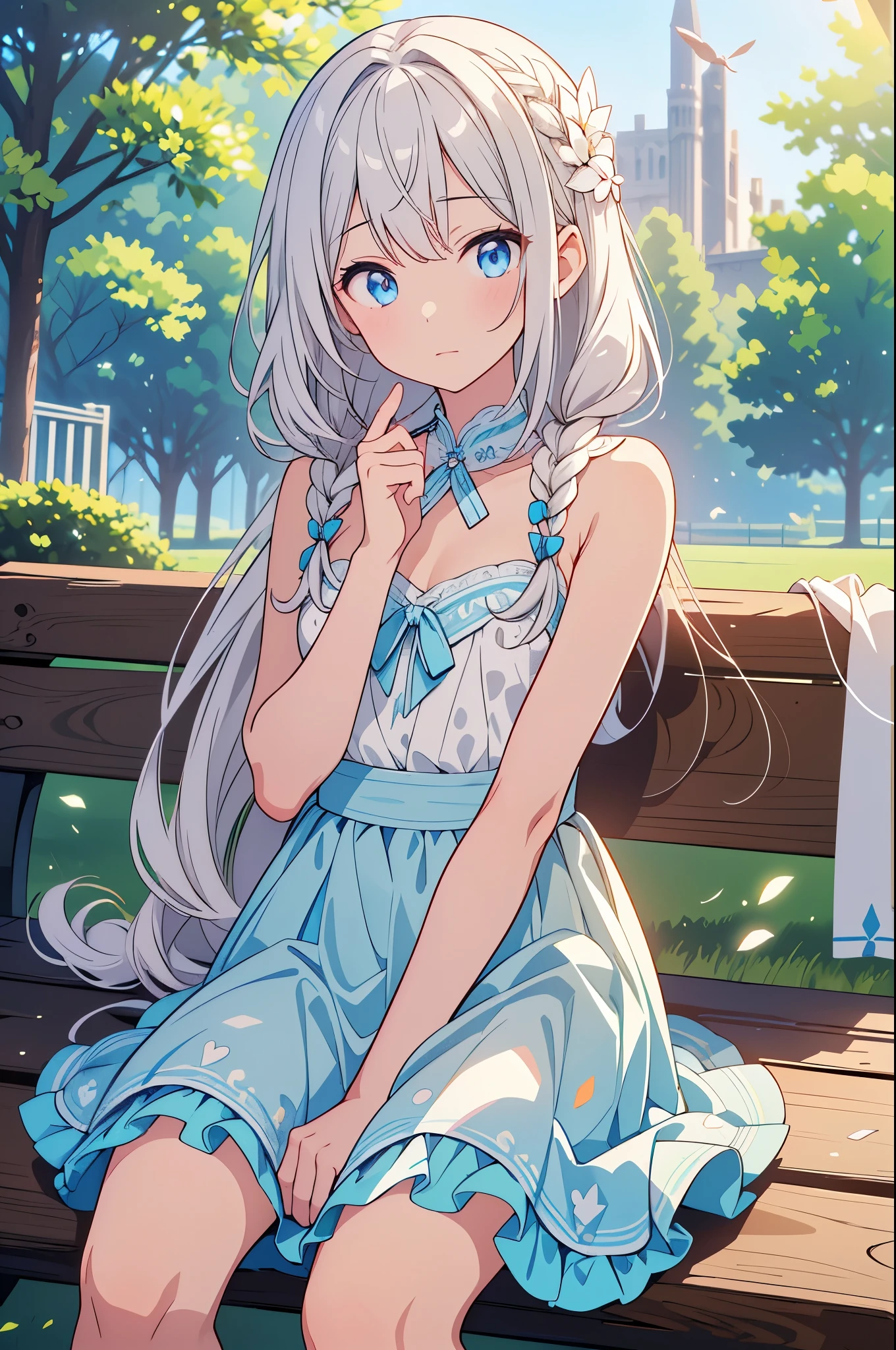 Smooth silver-white animal ears adorn this adorable character,This 8k HDR image is rendered in the best quality。She is petite and delicate,Sit on the lawn, Watery eyes flickered,Melt hearts。She wore white stockings,White feathers flew around,This adds to their innocence in a two-dimensional world