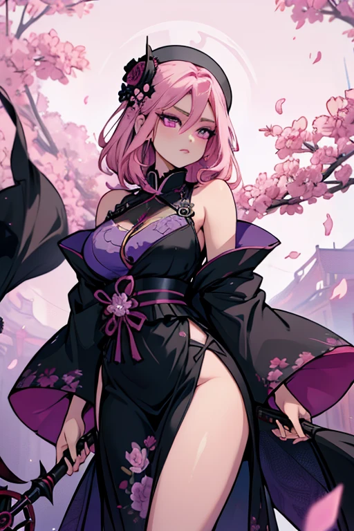 1girl, wearing stylish modern revealing clothing, albino, pink and purple hair , purple rose background, japanese and European, perfect tits, perfect dream face , non revealing , stylish tunic, crouching, seductive , red rose Japanese traditional background , passionate tits rubbing, white skin colour, feather hairstyle, seductive pose, purple colour outfit