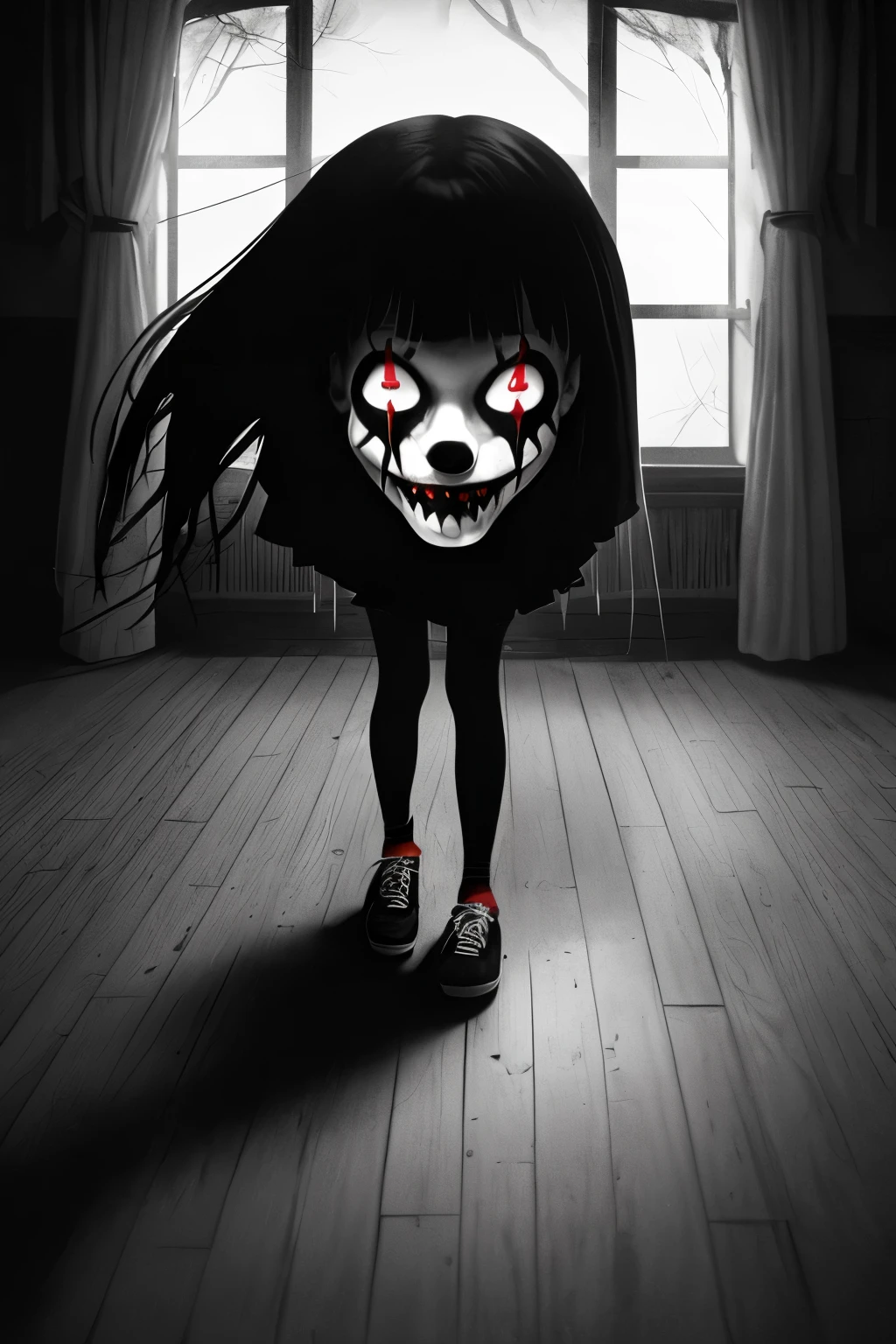 A terrifying sight unfolds in this hauntingly striking image, featuring a chilling girl dressed as a macabre clown. The monochromatic palette of black and white creates an eerie atmosphere, emphasizing her ghostly figure. The girl's twisted grin, painted on her pasty white face, showcases her menacing presence. Her disheveled, tattered clown costume, complete with oversized shoes and contrasting red nose, adds to the overall horror.

The room is shrouded in darkness, only illuminated by the occasional shafts of moonlight streaming in from the window. The Dutch-angle perspective intensifies the unsettling ambiance, as if the world