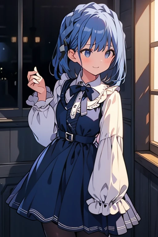highest quality, 8K,(one girl:1.3),(sharp bob),Navy Hair,light Blue Eyes,seductive smile,Black Pantyhose, Blue short skirt,White blouse,Almond-shaped eyes,close mouth,Fancy Room,make out,fidgety,from side,(tall stature:1.1),shy,