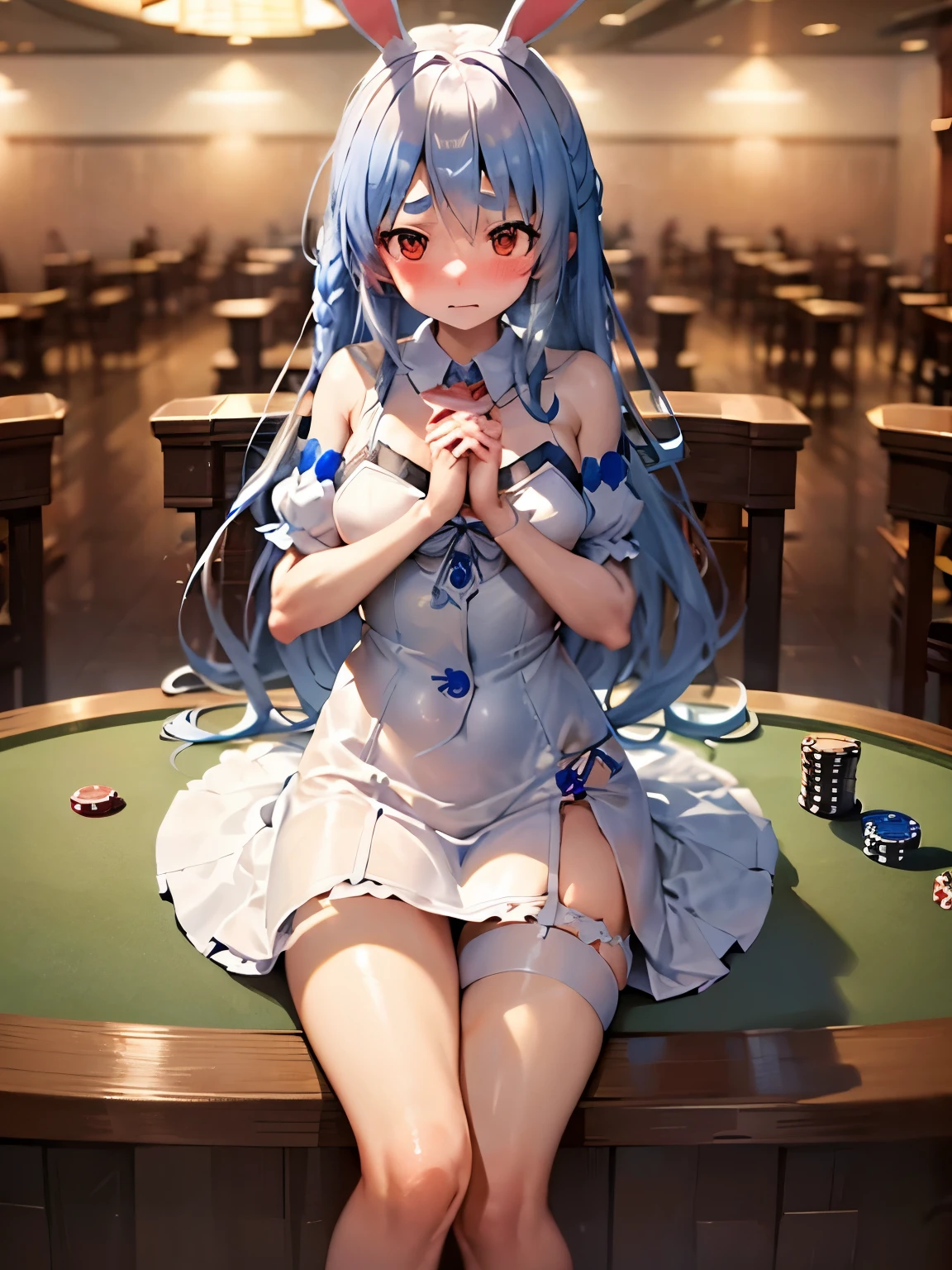 NSFW,Hololive,Usada Pekora,Long Hair,Braid,(Perfect hands),(Perfect Anatomy),(masterpiece),(highest quality),Embarrassed,blush,Bunny girl,Micro Mini Skirt,garter belt,casino