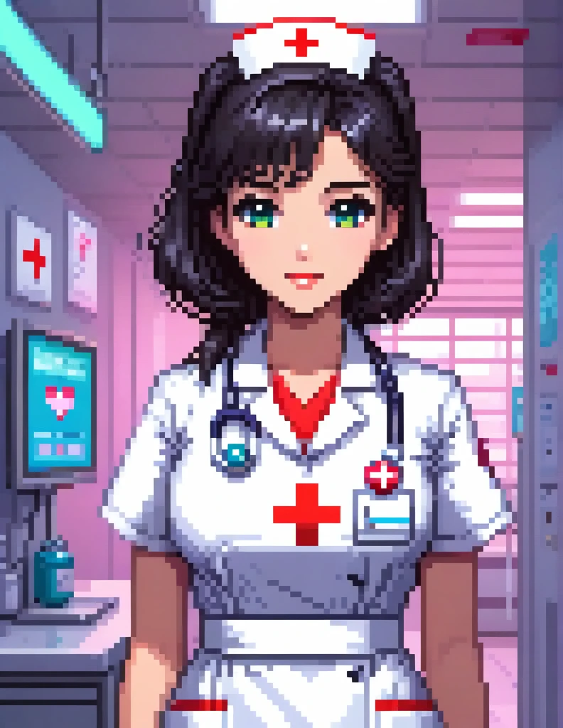 (best quality,4k,8k,highres,masterpiece:1.2),ultra-detailed,(realistic,photorealistic,photo-realistic:1.37),pixel art:1.2,1girl,black hair,big bosom,nurse costume,red cross emblem,white apron,white gloves,caring smile,female healthcare worker,kind eyes,medical equipment,stethoscope,medical syringe,background of hospital,sterile environment,bright lighting,soft colors,muted tones,neon lights,retro aesthetic,cute pixel art style,heart-shaped accessories,vibrant colors,character design