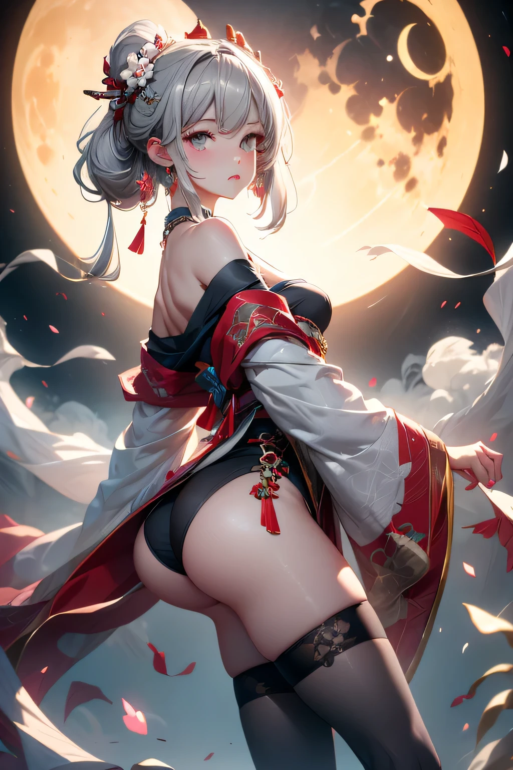 super high quality, masterpiece, Perfect illustration, Very detailed (Exquisite light and shadow, Very dramatic photo,Backlight) , ((Gray Hair:1.5))1 girl, alone, (Wearing Han clothes, Royalty、Black and white Hanfu,Thick fabric,Long sleeve) Flower Field, Flowers, (White smoke、Crescent Moon:1.3) (Realistic), Zen Intertwining, Tangled, Official Art, unity 8k wallpaper, Very detailed, Beautiful and beautiful, masterpiece, highest quality, (Dynamic Angle: 1.4), Glowing Skin, (Floating colorful flashes: 1) The most beautiful chaotic shapes, elegant, Brutalist Design, Bright colors, Romantic Depth of Field Exotic_dance, half_naked、((Off the shoulder、Medium chest、ruby ​​necklace))(from behind：1.4,Buttocks slightly exposed、Legs wrapped in tights)